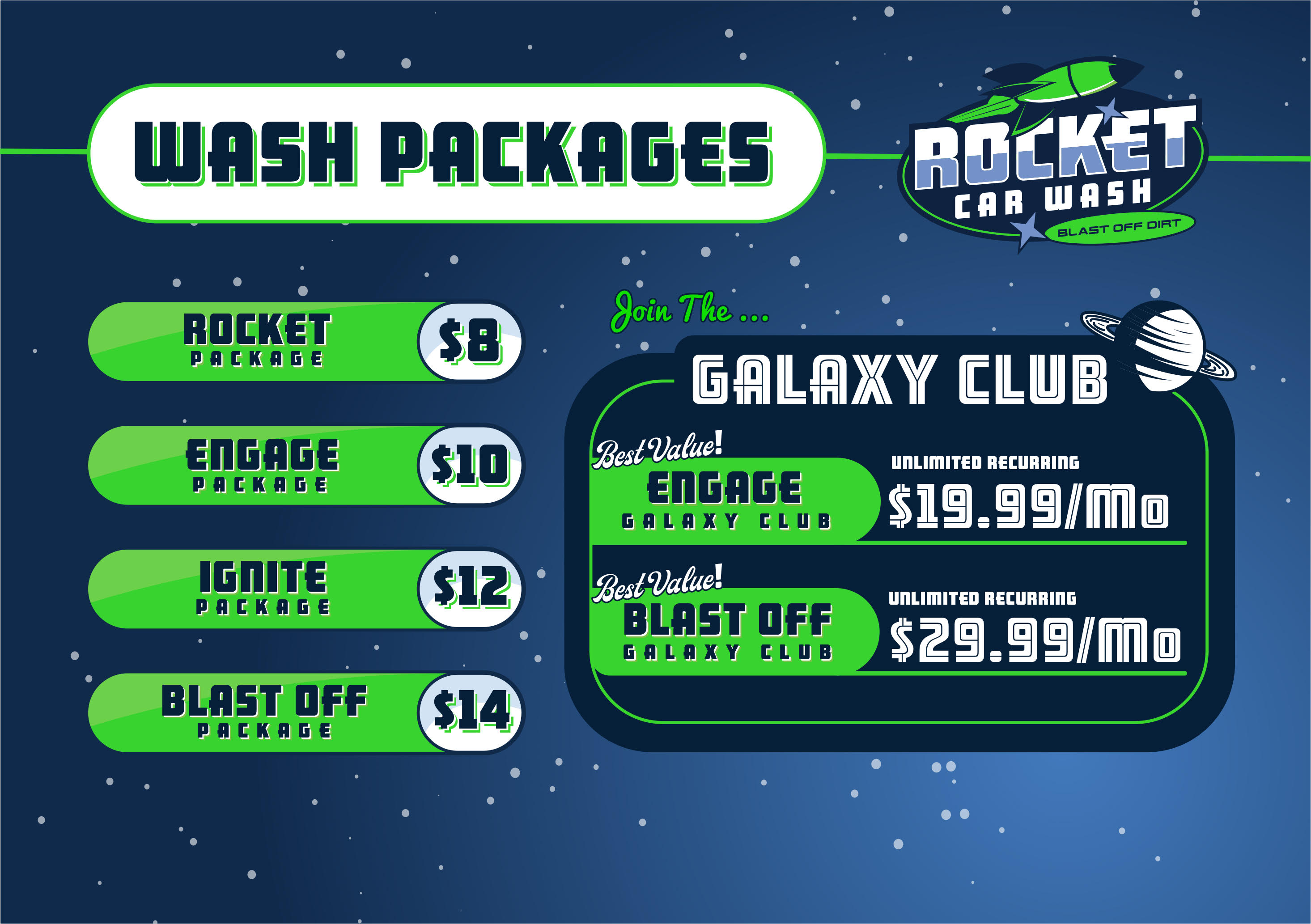 Rocket Car Wash paystation price board showing wash packages and Galaxy Club plans